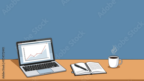 A laptop displaying a financial graph, an open notebook with a pen, and a steaming cup of coffee on a desk.