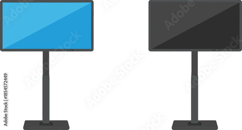 Set of two modern flat screen television monitors on floor stands for multimedia presentations and office digital signage