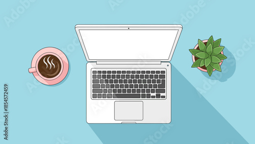 Overhead view of a laptop, a cup of coffee, and a potted plant on a light blue background with long shadows.