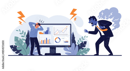 Stressed male employee holding his head while an angry boss yells at him in an office setting with complex financial charts on the screen.