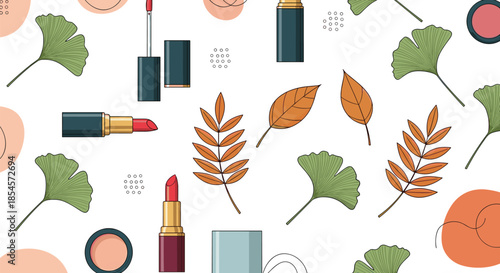 Seamless pattern design featuring cosmetic items like lipsticks and makeup powders mixed with ginkgo and autumn leaves on white background.