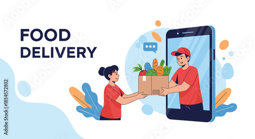 Modern food delivery concept with a woman receiving a box of fresh groceries from a delivery man emerging from a large smartphone screen.