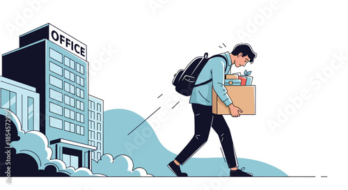 Sad man carrying a cardboard box of his personal office belongings while walking away from a tall corporate building after being fired.