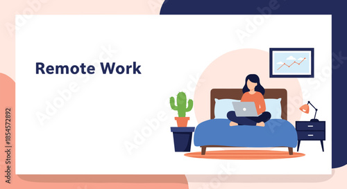 Young woman sitting cross legged on her bed while working on a laptop at home as part of a modern remote work lifestyle illustration.