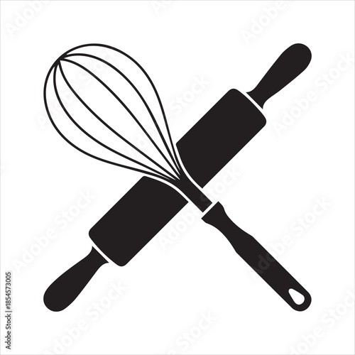 Whisk and rolling pin graphic icon. Crossed kitchen utensils sign isolated on white background. Bakery symbol. Vector illustration