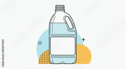 Simple line art illustration of a large plastic gallon bottle filled with clear water against a background of abstract colorful shapes.