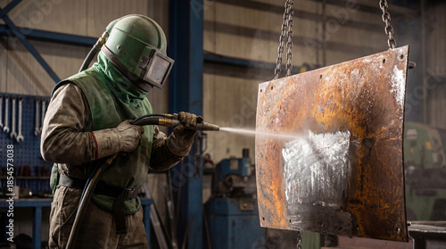 industrial worker in protective suit using abrasive blasting equipment to clean rusted metal surface inside heavy manufacturing workshop
