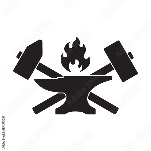 Blacksmith shop graphic label. Forge symbol with forging tools including hammers, anvil and fire. Vector illustration