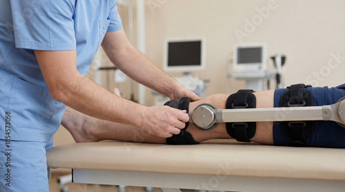 physiotherapist adjusting hinged knee brace on patient's leg during rehabilitation treatment in modern medical clinic