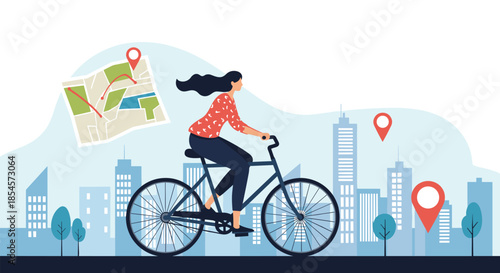 Woman riding her bicycle through a modern city with navigation map and location pin icons showing her travel path or delivery route.