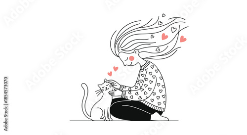 Sweet line art illustration of a young girl with long flowing hair sitting and gently petting her white pet cat surrounded by small pink hearts.