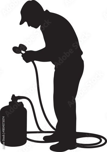 HVAC technician refilling refrigerant gas in air conditioning system silhouette vector art, using solid flat black color