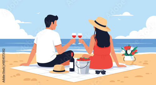 Romantic couple enjoying a sunset picnic on a sandy beach with wine, strawberries, and a bouquet of flowers overlooking the ocean.