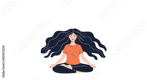Beautiful woman with long dark wavy hair sitting in a peaceful meditation pose against a clean white background.