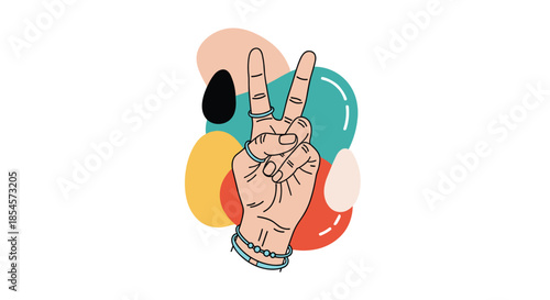 Human hand making a peace sign gesture decorated with jewelry over colorful abstract shapes in a trendy art style.