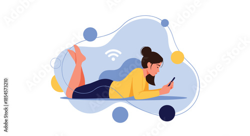 Young woman lying down on her stomach and relaxing while using her mobile phone with a wifi signal in a modern vector style.