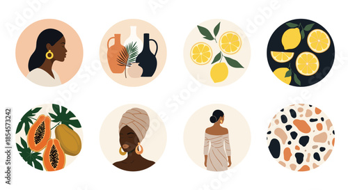 Set of eight circular highlight icons showcasing diverse female portraits aesthetic lifestyle elements and natural fruit patterns.