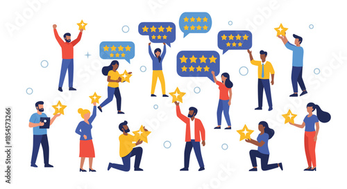 Group of diverse people giving positive feedback by holding up golden stars and rating bubbles for customer satisfaction.