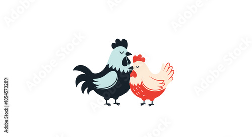 Simple and cute illustration of a black rooster and a white hen standing together on a plain white background.