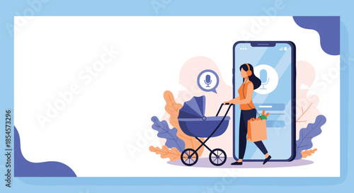 Modern banner design showing a woman pushing a baby stroller while listening to an audio app on a large smartphone.
