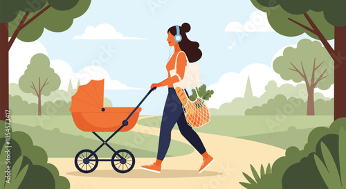 Active mother pushing a baby stroller through a park trail while enjoying music through her headphones during a walk.