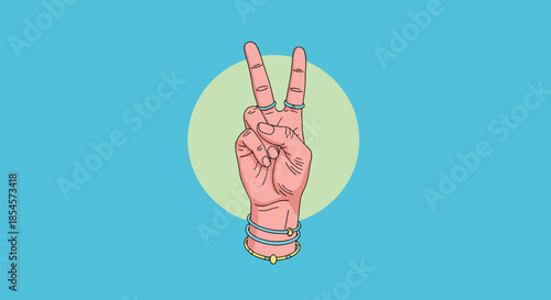 Illustrated hand making the victory sign decorated with multiple rings and bracelets on a bright blue and green background.