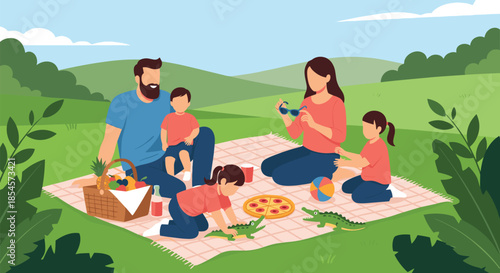 Happy family with three children having a fun picnic on a checkered blanket in a lush green meadow during summer.