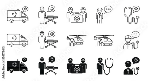 Medical emergency services icon set - Solid icons vector collection - Vector icon set - Line and glyph solid icon set - Icon vector - Flat Design Icon