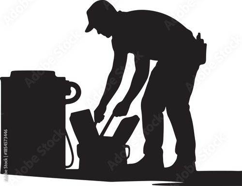 Silhouette of AC repairman taking tools from bag near outdoor unit vector art, using solid flat black color