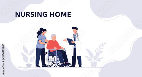 Professional medical staff caring for an elderly patient in a wheelchair at a nursing home facility with modern decor.