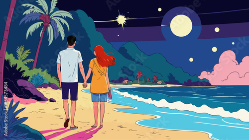 Couple Walking Hand-in-Hand on Moonlit Beach, Vector Art Style
