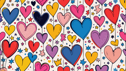 Seamless pattern of tiny hearts and stars with thick outlines and vibrant flat colors