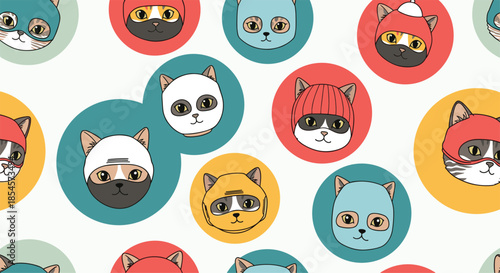 Fun and quirky seamless pattern of different cat heads wearing superhero masks and colorful winter beanies for pet lovers.