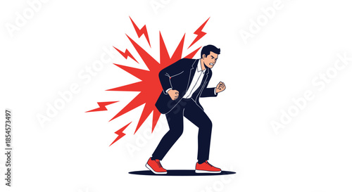 Professional businessman in a suit expressing intense anger or stress with a red explosion of energy behind him on white.