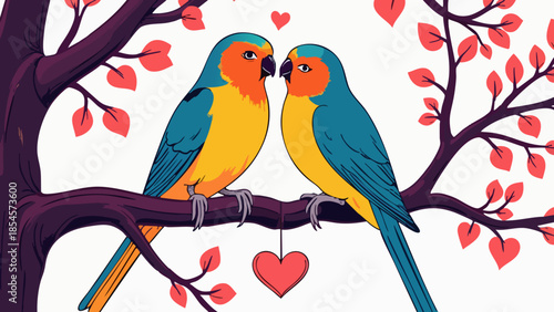 Vector Art of Lovebirds on a Heart-Adorned Branch