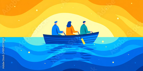 Coordinated Boat Crew on a Sunny Waterway with Graphic Shapes