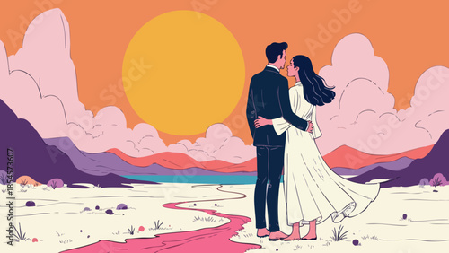 Minimalist Couple Embracing in Vast Landscape Vector Art