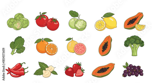 Large set of individual hand drawn fruits and vegetables including tomato orange guava papaya and broccoli icons.