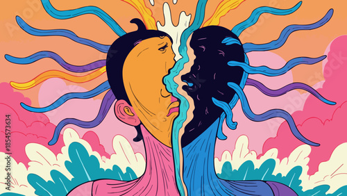 Abstract Vector Art of a Mending Broken Heart with Thick Ink Outlines