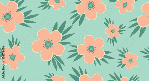 Soft and pretty floral pattern with peach colored blossoms and sage green leaves on a pastel mint background.