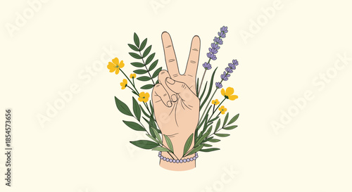 Creative illustration of a hand making a peace gesture emerging from a bouquet of yellow and purple wildflowers.