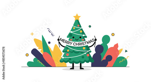 Cute smiling Christmas tree character holding a festive banner to celebrate the holiday season in a playful style.