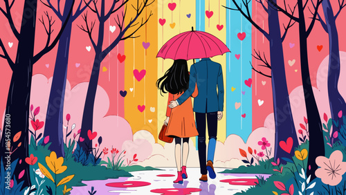 Couple with Umbrella in Heart Rain, Vibrant Vector Art