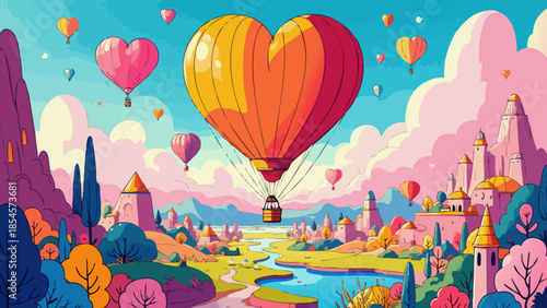Heart-Shaped Hot Air Balloon Festival Over Whimsical Landscape in Vector Art Style
