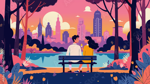 Vector Illustration of a Couple Sharing Ice Cream in a Bustling City Park at Dusk