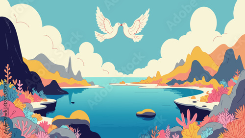 Vector Illustration of Coral Reef with Kissing Doves, Pop Art Style