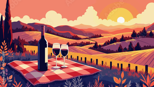Vector Illustration of Sunset Vineyard Landscape with Wine and Picnic