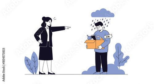 Sad man walks away with a box of personal belongings in the rain after being fired by an angry female supervisor at the office.