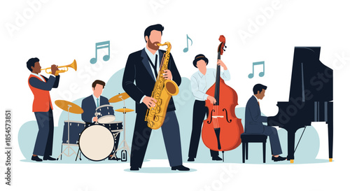 Professional jazz band performs live on stage with musicians playing the saxophone, trumpet, double bass, drums, and a grand piano.