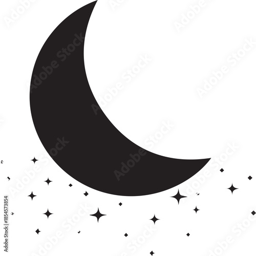 Black crescent moon with sparkling stars on white background